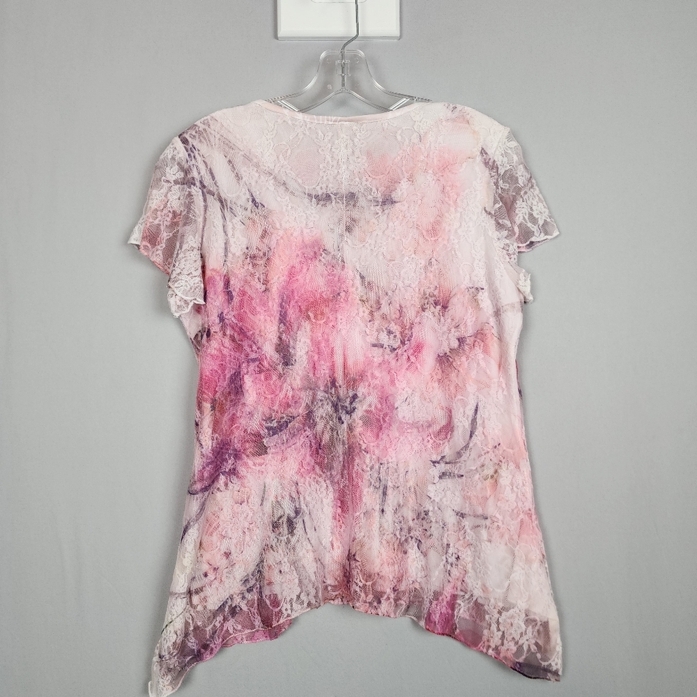 Brittany Black Shirt - Pink White - Layered - Lace Sleeves - Size Large - Picture 6 of 6
